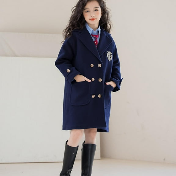 ATOGUTA Girls Winter Dress Coat Kids Wool Lapel Long Button Jackets Fall Winter Outerwear Peacoat with Pockets Size 5T-15 Navy