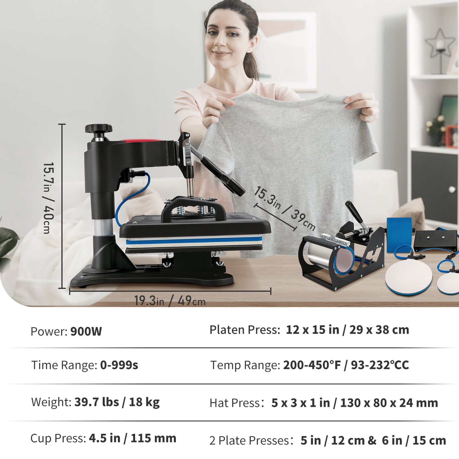 KFFKFF Heat Press Machine, 12x15inch / 30x38cm, 5IN1 Clamshell Sublimation Transfer Printer with Teflon Coated, Digital Precise Heat Control, Silica-gel Powerpress for T-Shirt Plate Mug Cup