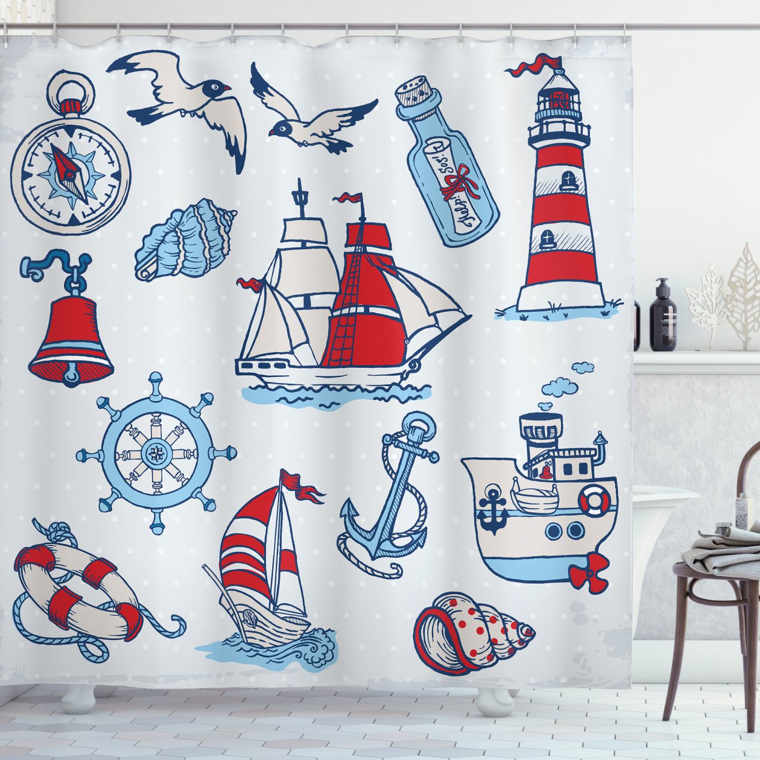 Nautical Shower Curtain, Symbolic Sea Creatures Navigation Gulls Compass Kids Holiday Shell