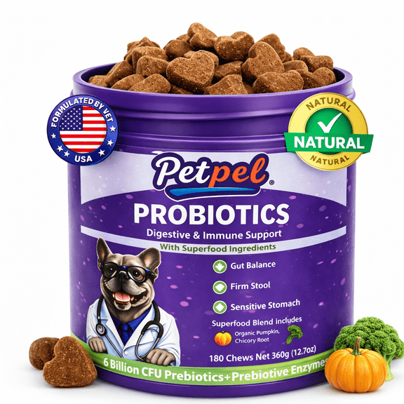 Petpel Probiotics for Dogs, 6 Billion CFU Prebiotics Digestive Enzymes Chews, 180 Chews, Digestive & Immune Support with Organic Pumpkin Chicory Root, Gut Balance Firm Stool