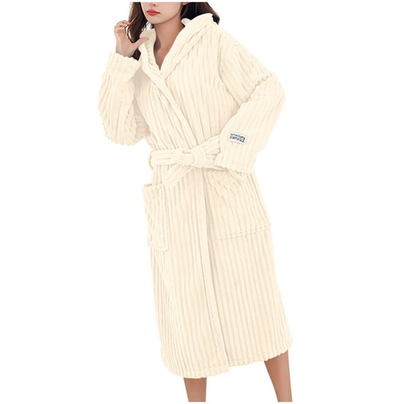 Levmjia Womens Robe Soft Lightweight Hooded Belt Solid Color Velvet Long Sleeve Pockets Warm Bathrobe Kimono Bathrobe For Spa Hotel Maternity Loungewear Gift