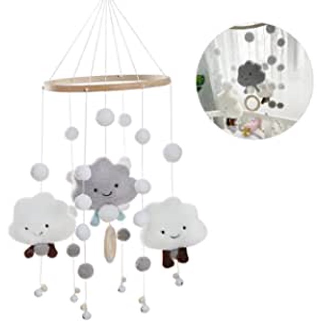 Móvil, Móvil Musical para Cuna, Móvil para Cuna, Decoración de Cuna de Madera para Bebé Niño y Niña (Gris)