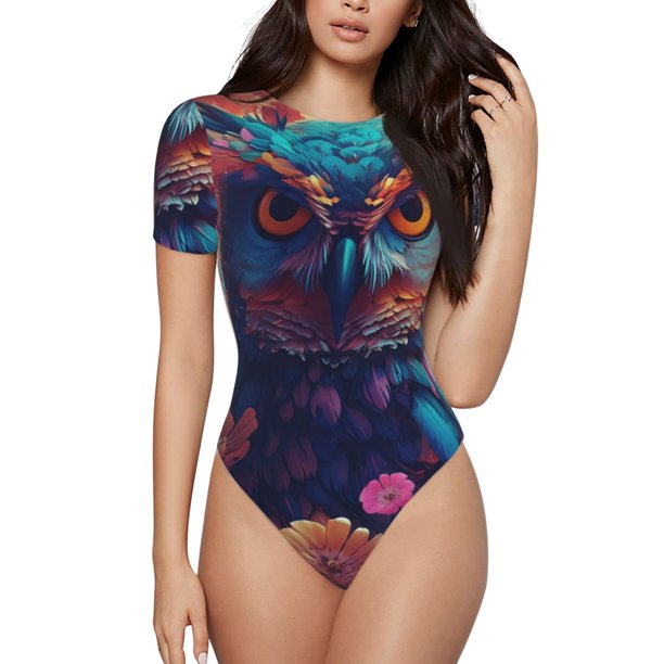 Balery Colorful Feather Owl Body de cuello redondo de manga corta para mujer Tops de manga corta Tops básicos-Small