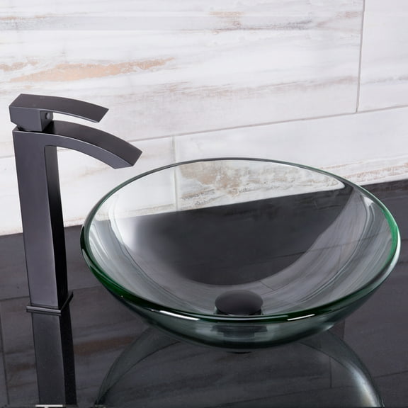 VIGO Glass Round Vessel Bathroom Sink in Iridescent with Duris Faucet and Pop-Up Drain in Matte Black