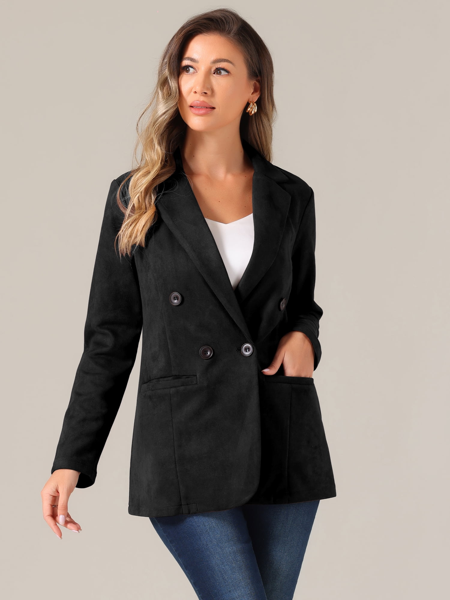 DARING DIVA Women's Faux Suede Blazer Double Breasted Suit Jacket M Black