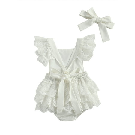 

ELF Baby girl summer suit ， solid color lace sleeveless frilly dress + headband，0-24M