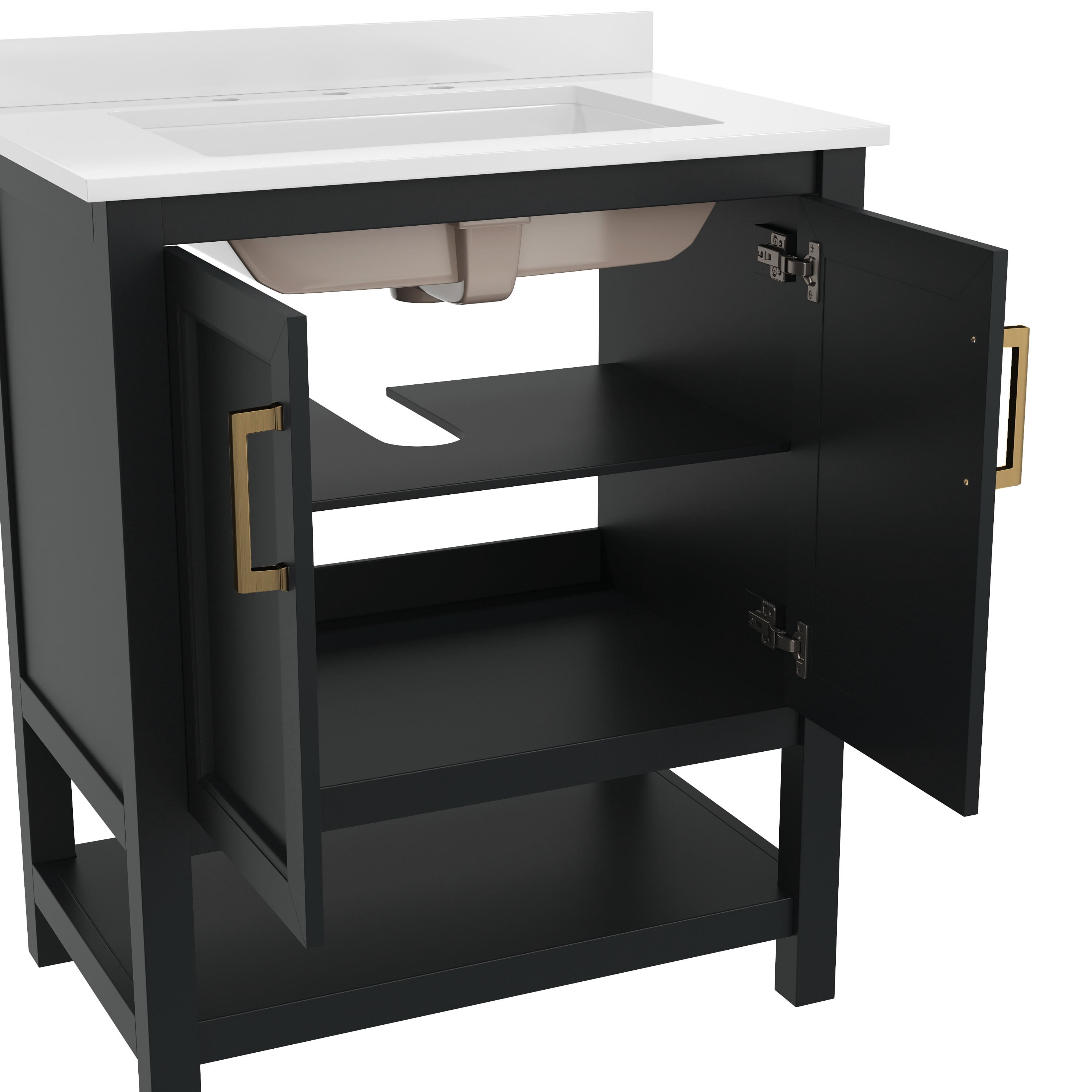 Emma + Oliver 30 Inch Bathroom Vanity, Single Sink Cabinet with 2 Soft Close Doors and Open Shelf, Carrara Marble Finish Countertop, Gold with Gold Hardware