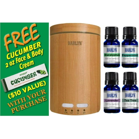 Best Essential Oil Diffuser wtih 4 FREE Essential Oils & Cucumber Cream (Eucalyptus, Lavender, Peppermint & Tea Tree) Real Bamboo Diffuser by