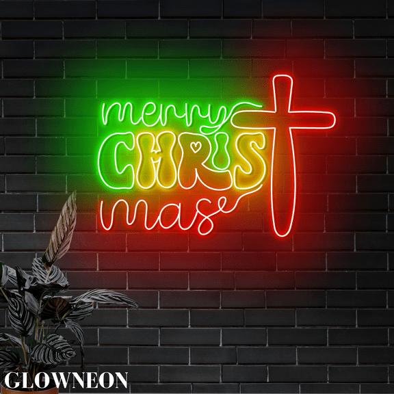 Glowneon Merry Christmas Cross Led Sign, Jesus Cross Christmas Decor