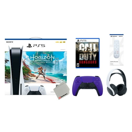Sony Playstation 5 Disc Horizon Forbidden West Bundle with Extra Galactic Purple Controller, White PULSE 3D Headset, Calll of Duty: Vanguard and Remote