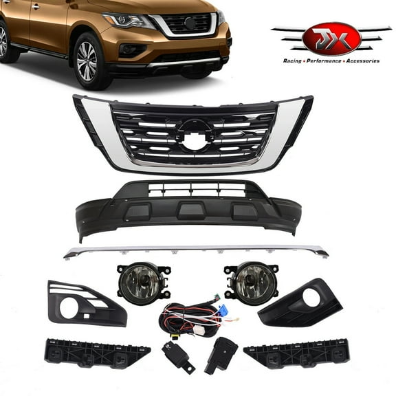 JX RACING Front Grille Fog Light W/Bezel Trim Bracket Compatible with Nissan Pathfinde 2017-2020 Set 9Pcs