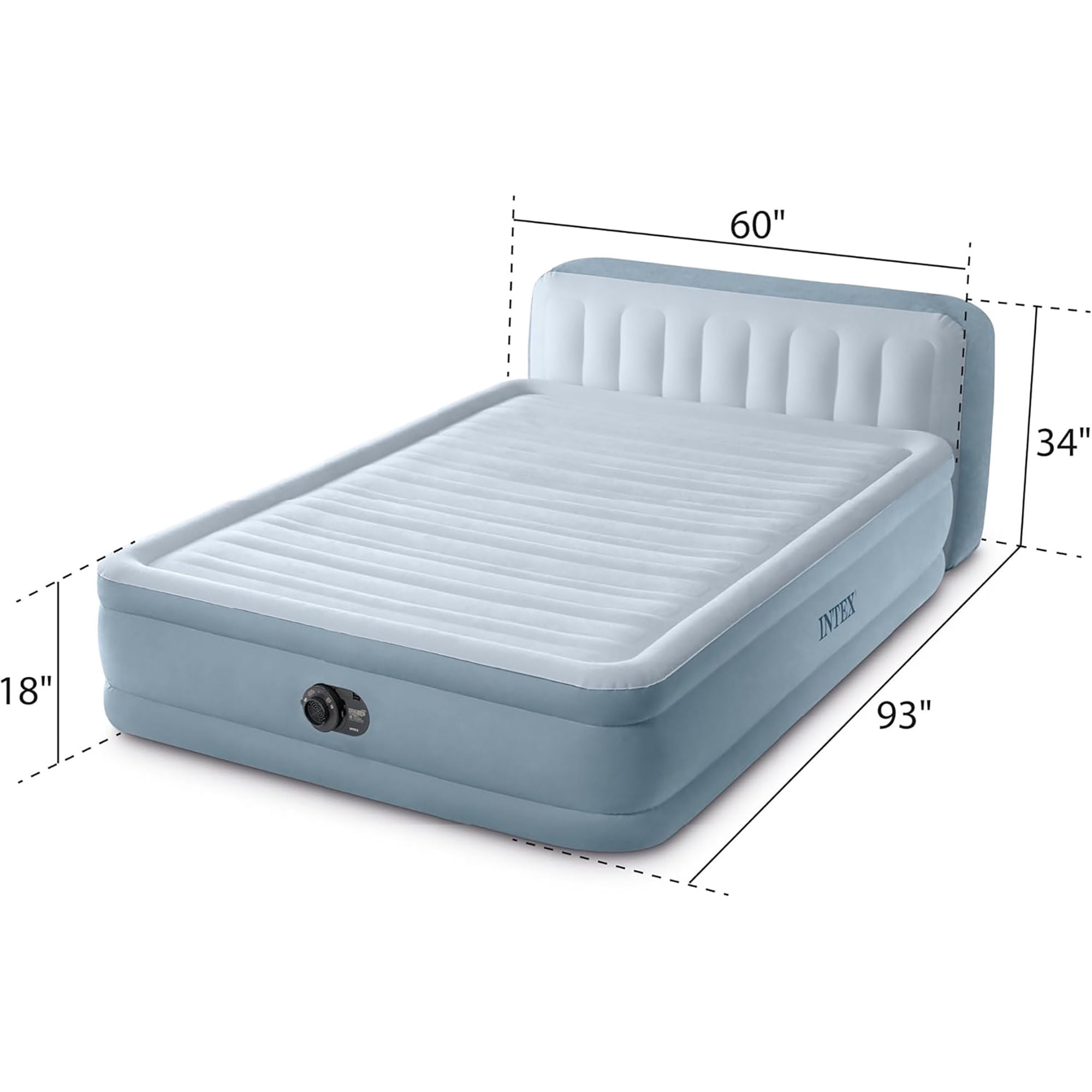 Intex: Dura-Beam Deluxe: Ultra Plush Headboard Airbed - Queen - Blue, 18" Inflatable Mattress, Built-In Pump, Fiber-Tech, Carry Bag, 600lb Cap 64449ED