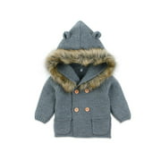 Multitrust Baby Hooded Knit Jacket Fur Collar Buttoned Long Sleeve Jacket