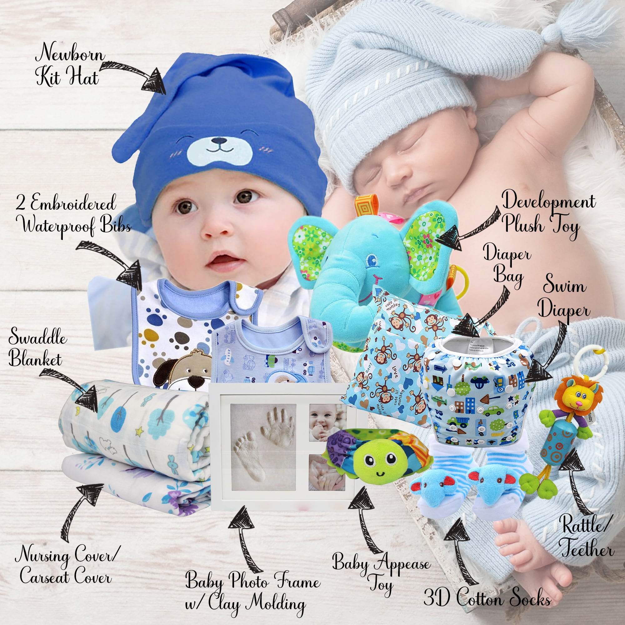 Gifts Are Blue Baby Boy Bundle Gift Set with Essentials, Toys & Accessories for 1st Year, 12 Items
