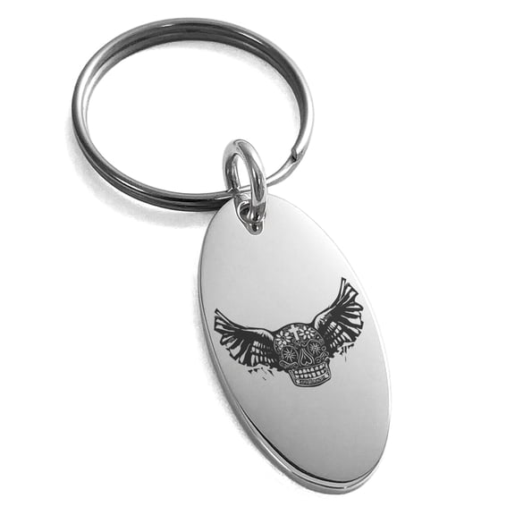 Stainless Steel Day of the Dead Winged Skull Engraved Small Oval Charm Keychain Keyring