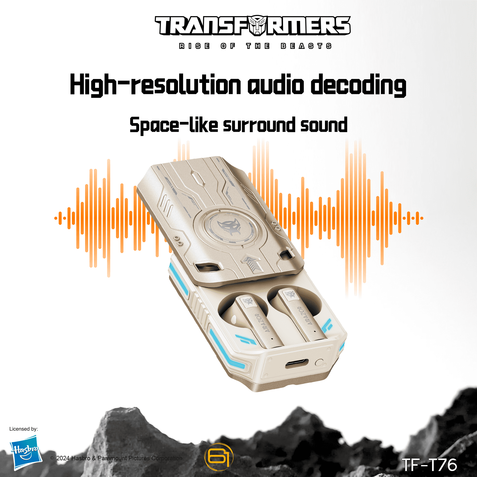 Transformers TF-T76 True Wireless Bluetooth 6.0 Earbuds with Mic, Mecha Zinc Alloy Armor Case, Low-Latency Game/Music Modes, Hi-Fi 13mm Drivers, HD Calling, 40H Total Playtime – Airazor Beige