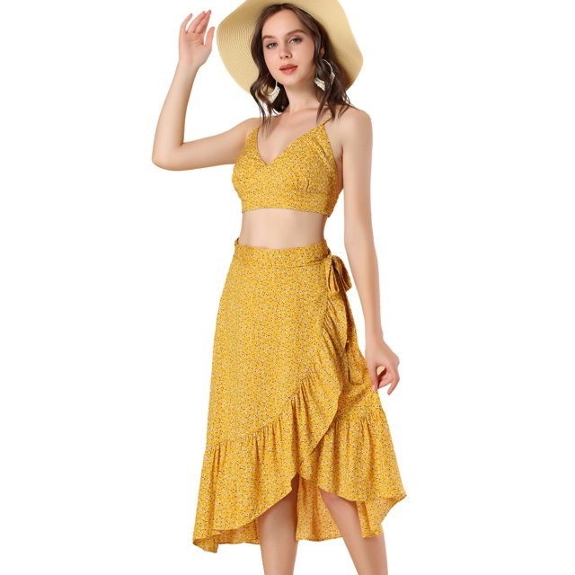 Conjunto Floral De Dos Piezas Allegra K Top Corto Tirantes Finos Falda A Media Pierna Volantes Amarillo S