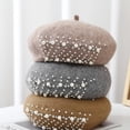 thumbnail image 3 of Beret Hat for Women, French Pearl Rhinestone Beanie Hat Winter Warm Adjustable Artist Cap 1pcs, 3 of 7