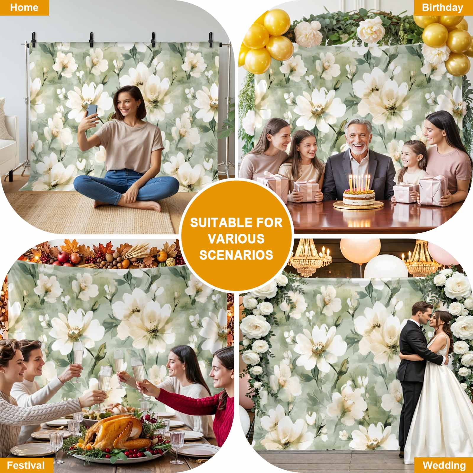 Retro White Backdrop for Photography, Floral Blooming Watercolor Sage Green Oil Paint Photo Backdrop Portrait Background Party Banner Photo Backgrounds for Studio Booth Props, 7x5ft
