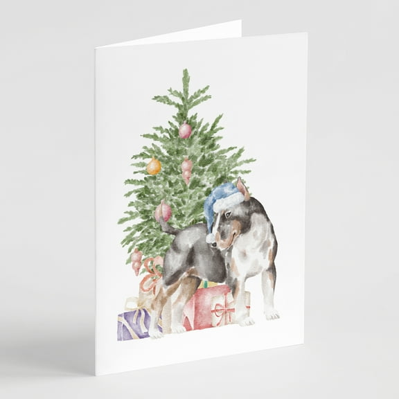 Carolines Treasures CK8193GCA7P Bull Terrier Tricolor Christmas Presents and Tree Greeting Cards and Envelopes Pack of 8