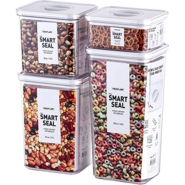 Neoflam Smart Seal 4pc Rectangular Airtight Kitchen Pantry Canister/Organizer Storage Container Set | BPA Free, White Lid
