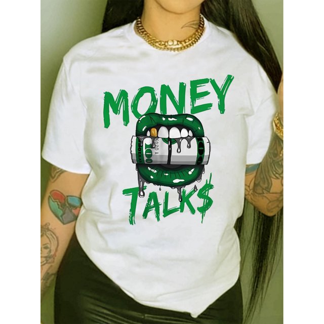 Chic Lip & Dollar Print Casual T-Shirt for Women - Crew Neck, Short Sleeve, Breathable Polyester, Semi-Sheer Summer Top
