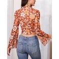 thumbnail image 4 of IDOPIP Bell Sleeve Tops for women Lettuce Trim Mock Neck Floral Mesh Top Crop T Shirt S-XL, 4 of 10