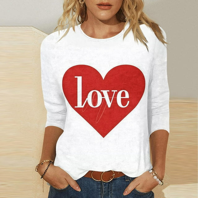 RKSTN Valentines Gifts 3/4 Length Sleeve Womens Tops Oversized Crewneck Valentine's Day Graphic Printed Short Sleeve T Shirt Womens Casual Round Neck Loves Heart Print Three Quarter Sleeve Shirts