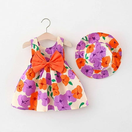 

Vivianyo HD Toddler Dress Clearance Toddler Baby Girl Summer Bow Decoration Flower Print Suspender Dress with Hat Flash Picks Purple