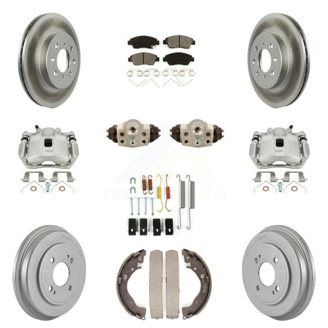 Transit Auto Front Rear Disc Brake Caliper Coated Rotors Drums Semi-Metallic Pads Shoes Wheel Cylinders and Hardware Kit (11Pc) for Car Honda Fit KCG-100332S
