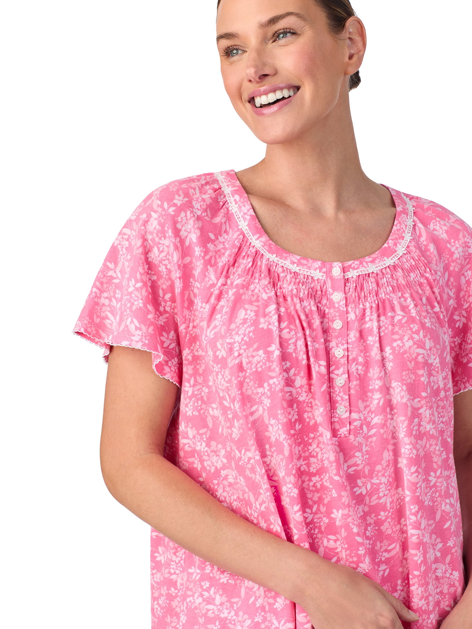 Aria Women's 100% Cotton Raglan Sleeve Smocked Neck Sleepwear 40" Gown, Sizes XS-5X