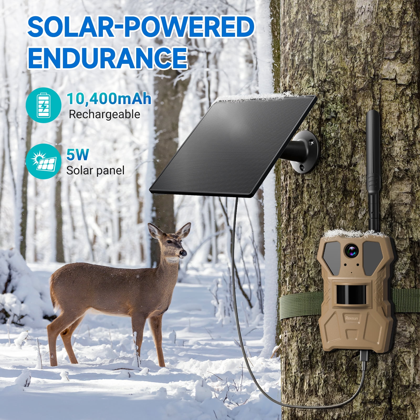 Rexsun 4G Cellular Trail Camera w/AI Detection, 2K 33MP Live Streaming Game Camera w/Unlimited Data Plan, No-Glow IR Flash, 120° FOV, 0.2S Fast Trigger, Two-Way Talk, Solar Panel & Battery Powered