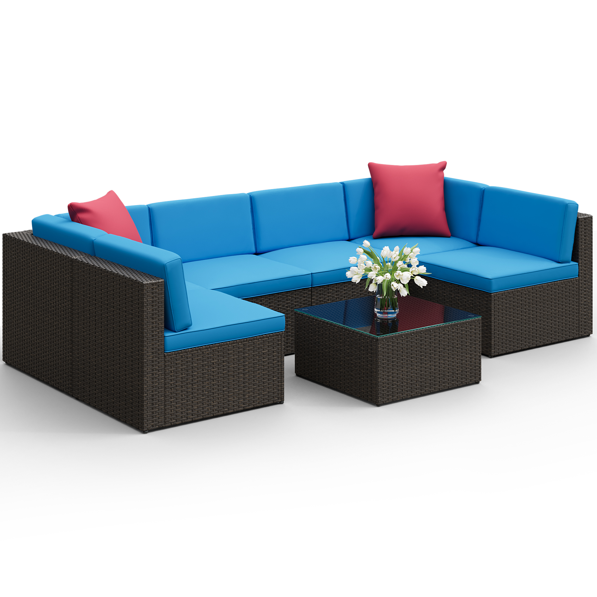 Lacoo 7 PCS Patio Outdoor Furniture Wicker Sectional Sofa with Cushion, Blue