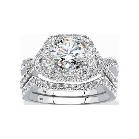 PalmBeach Jewelry Round Cubic Zirconia 2-Piece Crossover Halo Bridal Ring Set 2.20 TCW in Yellow Gold-Plated or Platinum-Plated Sterling Silver