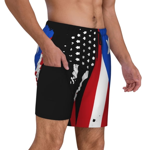 Mens America Puerto-Rico Flag Swimming Trunks with Compression Liner Beach Quick Dry Swim Shorts