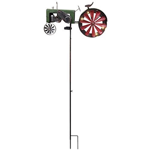 Red Carpet Studios Metal Yard Stake Wind Spinner with Solar Powered Lights, Tractor