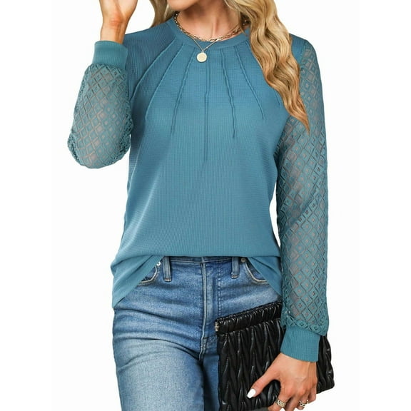 Women'S Waffle Knit Tops Dressy Business Casual Blouses Lace Long Sleeve Work Shirts Fall Clothes  Blue S