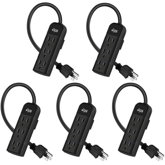 KMC Mini Power Strip, 3-Outlet, 5-Pack, 1-Foot Cord, Black
