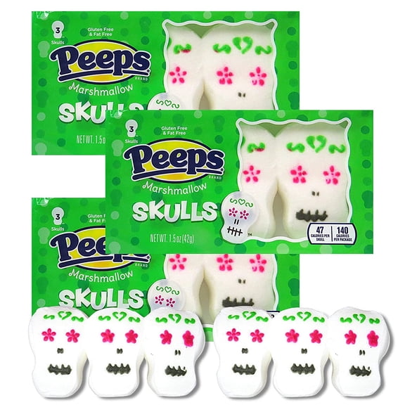 Needzo Marshmallow Sugar Skull Halloween Peeps Candy, 3 Pack, 1.5 oz