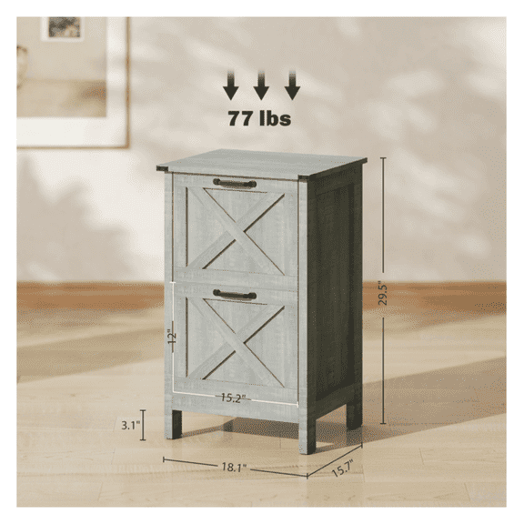 File Cabinet with Barn Doors, Distressed Light Gray - 2 Drawer Filing Cabinet for Home Office, Printer Stand with Adjustable Shelves, 18.1” W