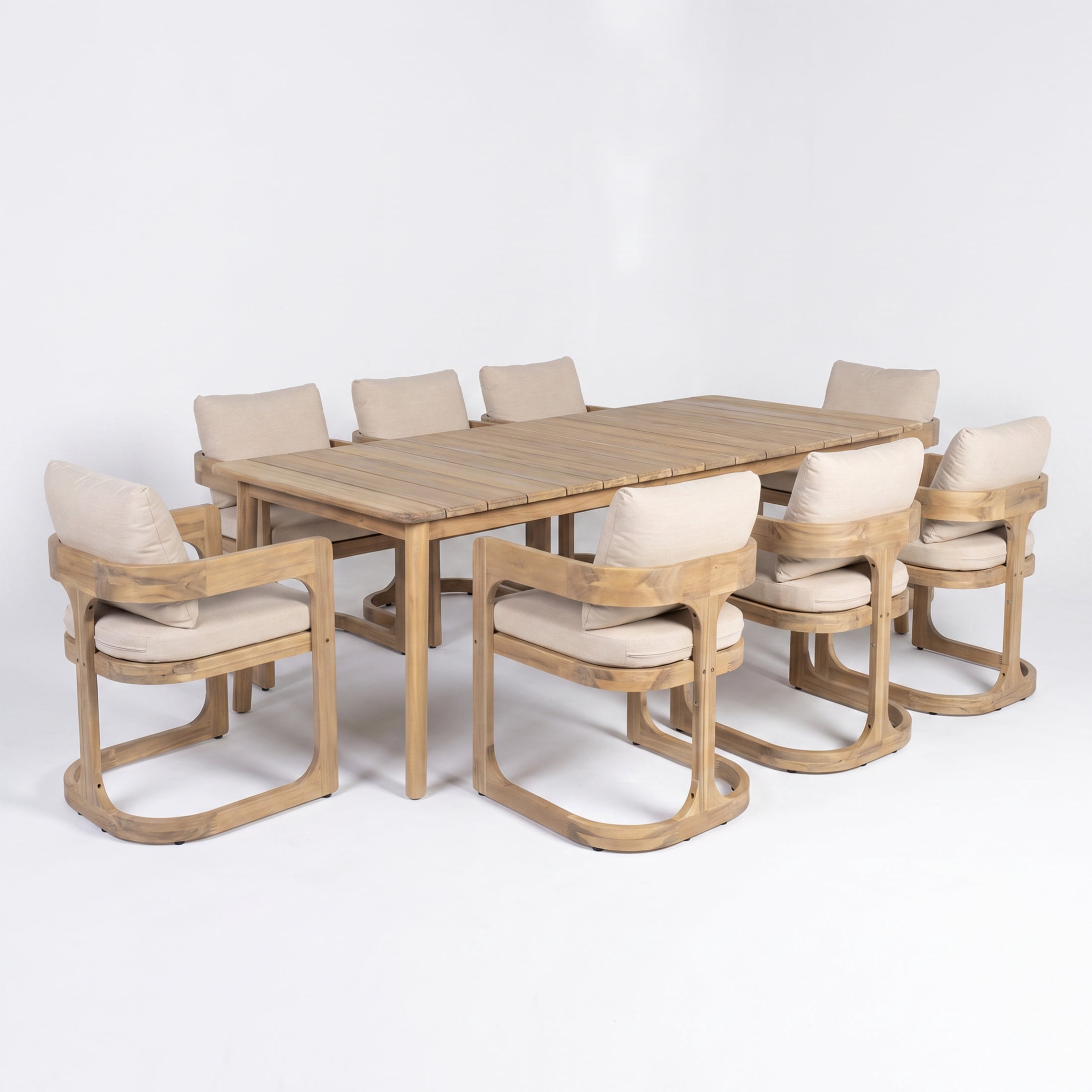 Christopher Knight Home 9-Piece Mid-Century Wood Outdoor Dining Set, 8 Seats with Table, Oiled Teak+Beige