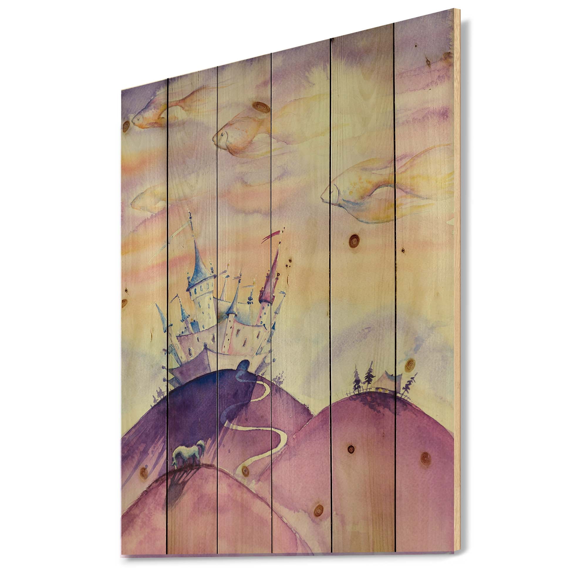 Designart 'Fairy Tale Kingdom Palace On Purple Mountain Top' Children's Art Print on Natural Pine Wood