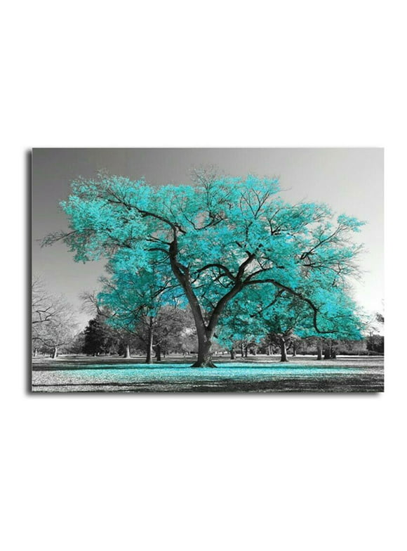 Wrvxzio Large Tree Teal Leaves Black White Canvas Painting Wall Art Picture Print Home Decor for Livingroom Bedroom,Unframed
