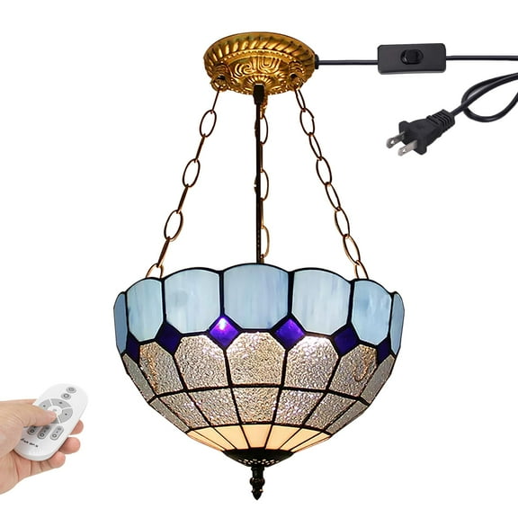 Kiven 11.8in Plug-in Flush Mount Ceiling Light Fixture, 3-Light Anti Glare Close to Ceiling Light with 15FT Cord, Tiffany-Style Glass Chandelier Dimmable for Bedroom Kitchen Hallway(No.3226-DBL)