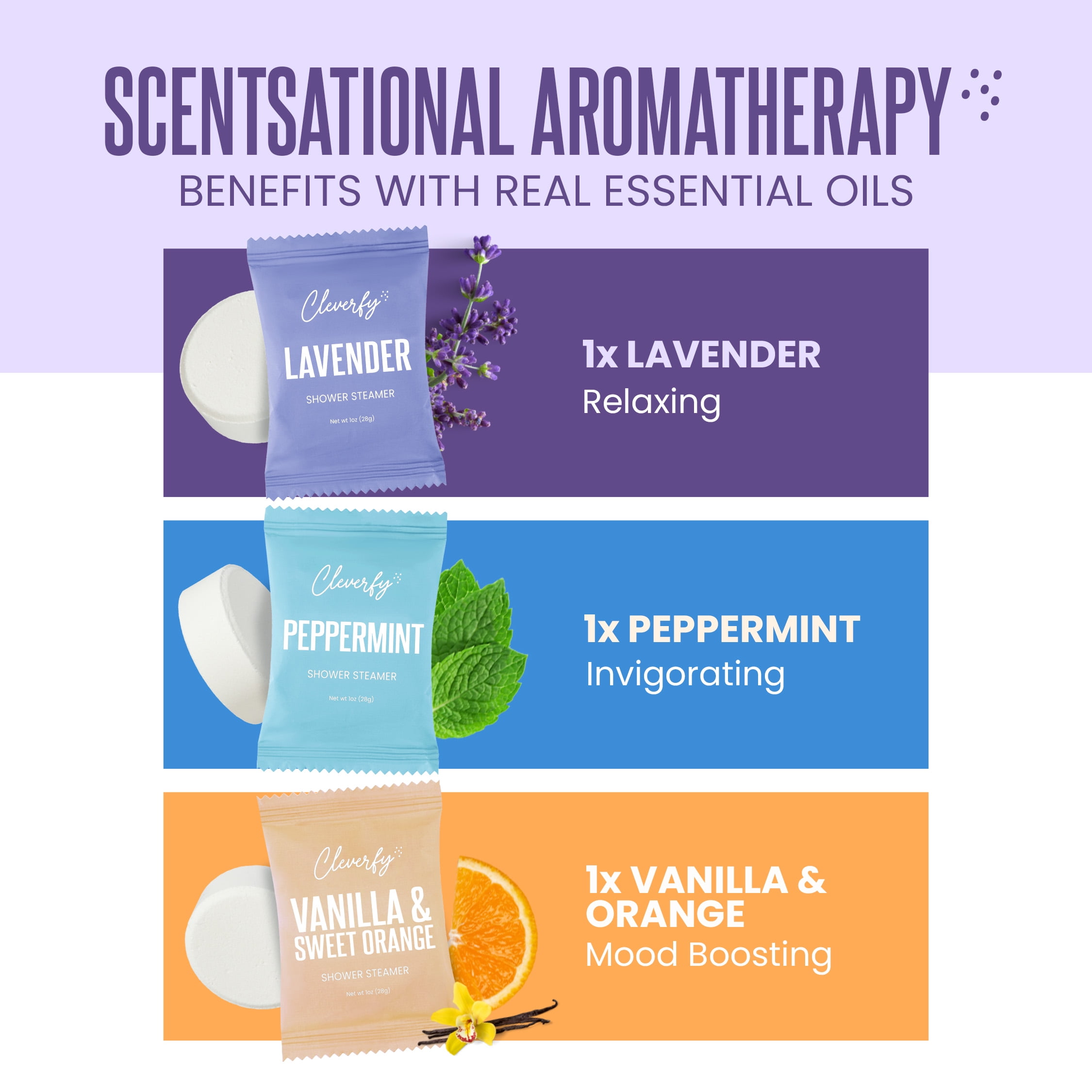 Cleverfy Shower Steamers Aromatherapy - Tube Gift Box for Women and Adults. pack of 3 shower bombs with Essential Oils for personal care and relaxation.