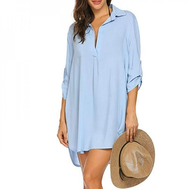 Elaydool Women's Shirt Deep V Neckline Solid Color Beach Sunscreen Suit ...