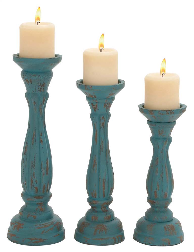 3Pc Candle Holder Set in Distressed Blue