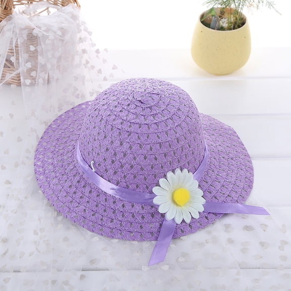 Kids Straw Sun Caps Bucket Hat Visor Beach Hats Kids Baby Sun Hat Flower Floral Girl Summer Straw Kids Hat Purple One Size