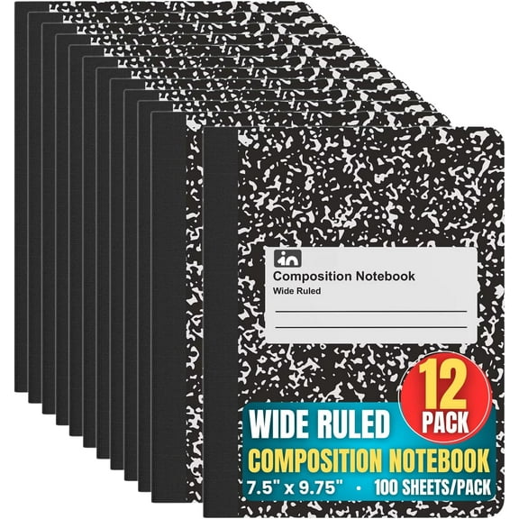 1InTheOffice Marble Composition Notebook, Wide Ruled Composition Notebook, 9.75" x 7.5", Black Marble Cover, 100 Sheets/Pack (12)