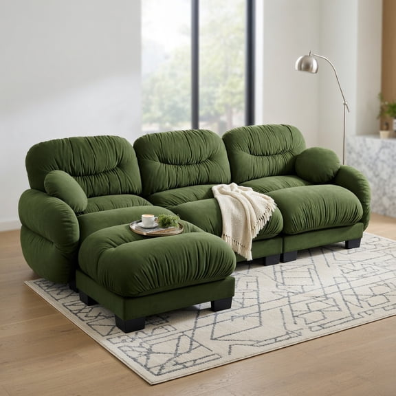 Hommoo Chenille L-Shaped Modular Sectional Sofa with Ottoman, 3-Seat Pleated Design & Ergonomic Foam Cushions, Includes 2 Round Throw Pillows, Green